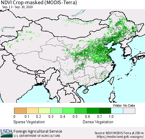China and Taiwan Cropland NDVI (Terra-MODIS) Thematic Map For 9/11/2020 - 9/20/2020