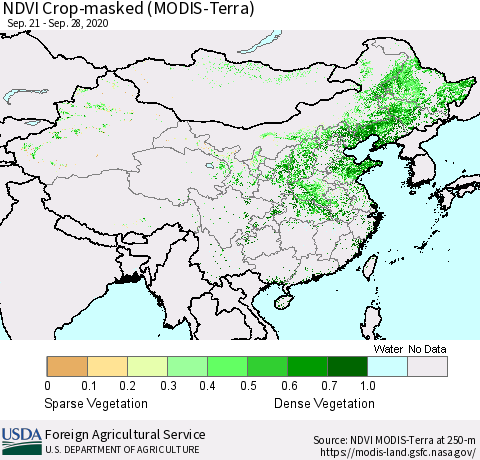 China and Taiwan Cropland NDVI (Terra-MODIS) Thematic Map For 9/21/2020 - 9/30/2020