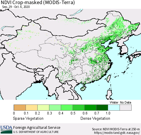 China and Taiwan Cropland NDVI (Terra-MODIS) Thematic Map For 10/1/2020 - 10/10/2020
