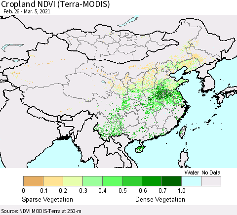 China, Mongolia and Taiwan Cropland NDVI (Terra-MODIS) Thematic Map For 2/26/2021 - 3/5/2021