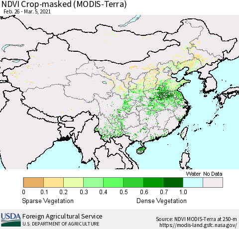 China and Taiwan Cropland NDVI (Terra-MODIS) Thematic Map For 3/1/2021 - 3/10/2021