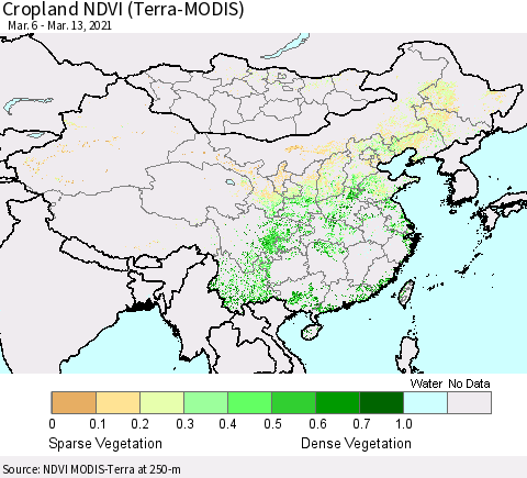 China, Mongolia and Taiwan Cropland NDVI (Terra-MODIS) Thematic Map For 3/6/2021 - 3/13/2021