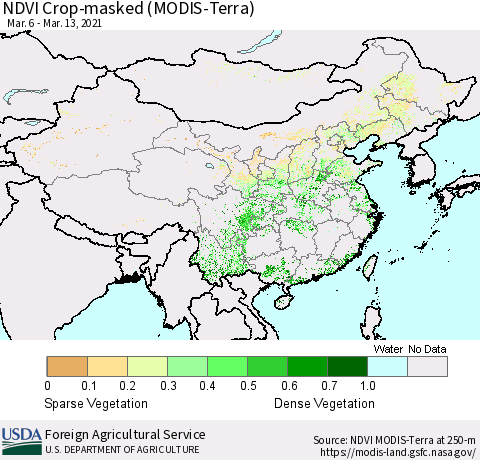 China and Taiwan Cropland NDVI (Terra-MODIS) Thematic Map For 3/11/2021 - 3/20/2021
