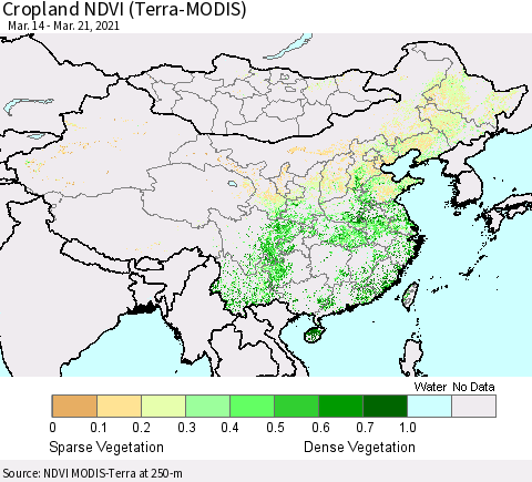 China, Mongolia and Taiwan Cropland NDVI (Terra-MODIS) Thematic Map For 3/14/2021 - 3/21/2021