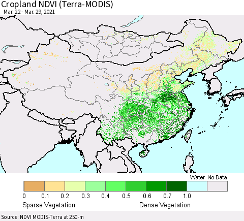 China, Mongolia and Taiwan Cropland NDVI (Terra-MODIS) Thematic Map For 3/22/2021 - 3/29/2021