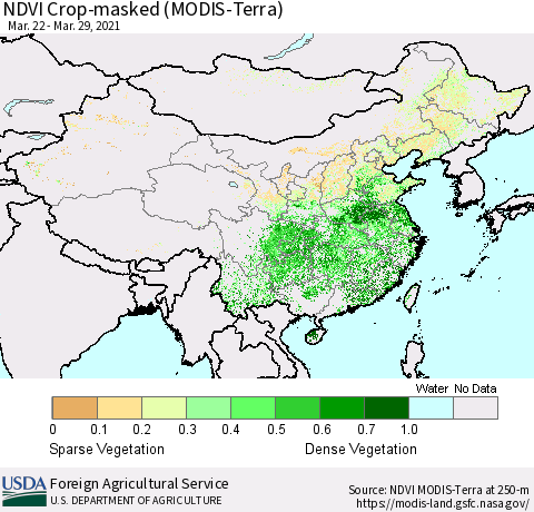 China and Taiwan Cropland NDVI (Terra-MODIS) Thematic Map For 3/21/2021 - 3/31/2021