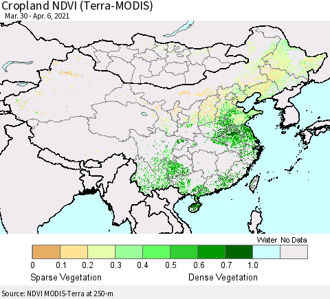 China, Mongolia and Taiwan Cropland NDVI (Terra-MODIS) Thematic Map For 3/30/2021 - 4/6/2021