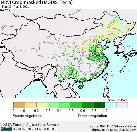 China and Taiwan Cropland NDVI (Terra-MODIS) Thematic Map For 4/1/2021 - 4/10/2021