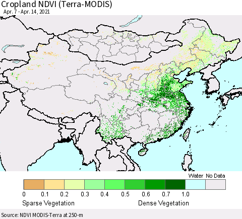 China, Mongolia and Taiwan Cropland NDVI (Terra-MODIS) Thematic Map For 4/7/2021 - 4/14/2021