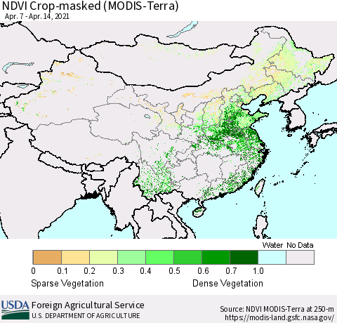 China and Taiwan Cropland NDVI (Terra-MODIS) Thematic Map For 4/11/2021 - 4/20/2021