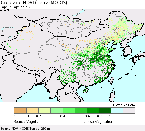 China, Mongolia and Taiwan Cropland NDVI (Terra-MODIS) Thematic Map For 4/15/2021 - 4/22/2021