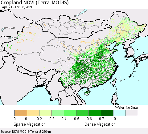 China and Taiwan Cropland NDVI (Terra-MODIS) Thematic Map For 4/21/2021 - 4/30/2021