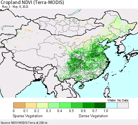 China, Mongolia and Taiwan Cropland NDVI (Terra-MODIS) Thematic Map For 5/1/2021 - 5/8/2021