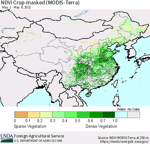 China and Taiwan Cropland NDVI (Terra-MODIS) Thematic Map For 5/1/2021 - 5/10/2021