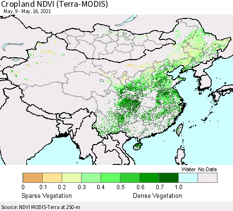 China, Mongolia and Taiwan Cropland NDVI (Terra-MODIS) Thematic Map For 5/9/2021 - 5/16/2021