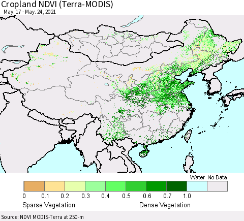 China, Mongolia and Taiwan Cropland NDVI (Terra-MODIS) Thematic Map For 5/17/2021 - 5/24/2021