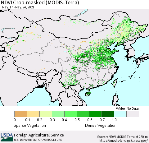China and Taiwan Cropland NDVI (Terra-MODIS) Thematic Map For 5/21/2021 - 5/31/2021