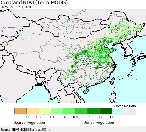 China, Mongolia and Taiwan Cropland NDVI (Terra-MODIS) Thematic Map For 5/25/2021 - 6/1/2021