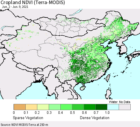 China, Mongolia and Taiwan Cropland NDVI (Terra-MODIS) Thematic Map For 6/2/2021 - 6/9/2021