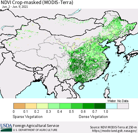China and Taiwan Cropland NDVI (Terra-MODIS) Thematic Map For 6/1/2021 - 6/10/2021