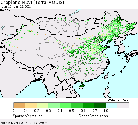 China, Mongolia and Taiwan Cropland NDVI (Terra-MODIS) Thematic Map For 6/10/2021 - 6/17/2021