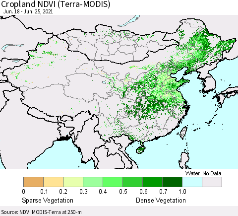 China, Mongolia and Taiwan Cropland NDVI (Terra-MODIS) Thematic Map For 6/18/2021 - 6/25/2021