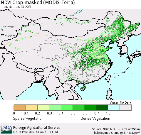 China and Taiwan Cropland NDVI (Terra-MODIS) Thematic Map For 6/21/2021 - 6/30/2021