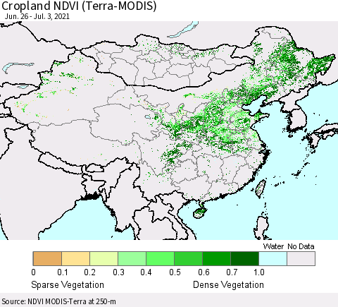 China, Mongolia and Taiwan Cropland NDVI (Terra-MODIS) Thematic Map For 6/26/2021 - 7/3/2021