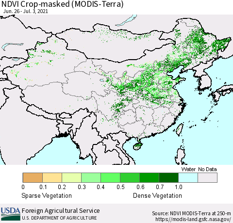 China and Taiwan Cropland NDVI (Terra-MODIS) Thematic Map For 7/1/2021 - 7/10/2021