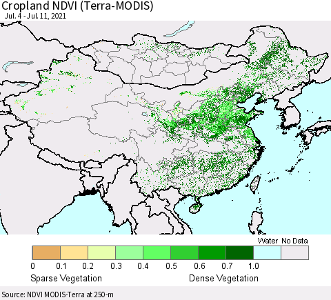 China, Mongolia and Taiwan Cropland NDVI (Terra-MODIS) Thematic Map For 7/4/2021 - 7/11/2021