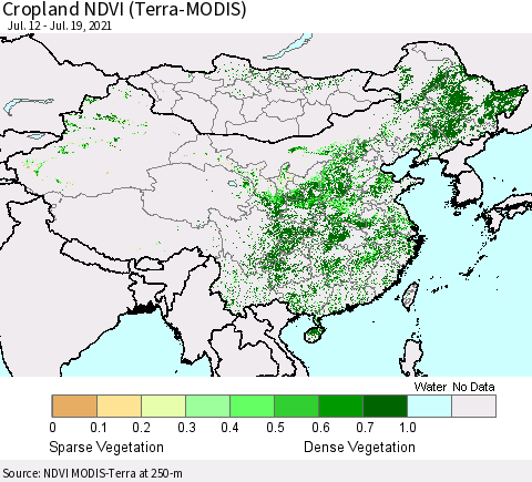China, Mongolia and Taiwan Cropland NDVI (Terra-MODIS) Thematic Map For 7/12/2021 - 7/19/2021