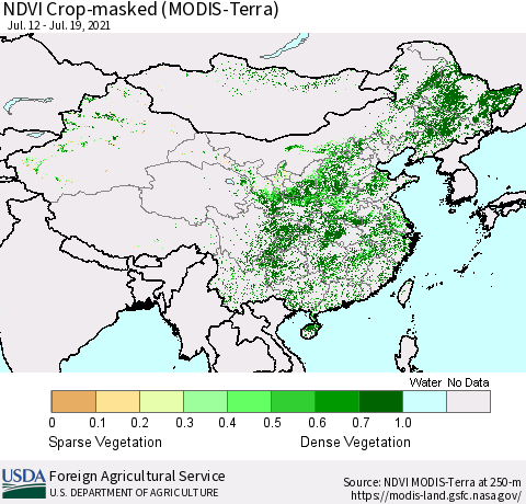 China and Taiwan Cropland NDVI (Terra-MODIS) Thematic Map For 7/11/2021 - 7/20/2021