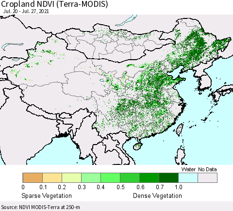 China, Mongolia and Taiwan Cropland NDVI (Terra-MODIS) Thematic Map For 7/20/2021 - 7/27/2021