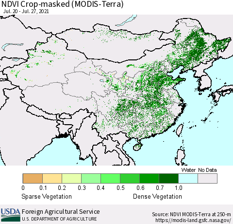 China and Taiwan Cropland NDVI (Terra-MODIS) Thematic Map For 7/21/2021 - 7/31/2021