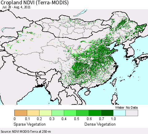 China, Mongolia and Taiwan Cropland NDVI (Terra-MODIS) Thematic Map For 7/28/2021 - 8/4/2021