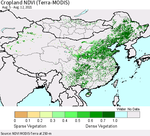 China, Mongolia and Taiwan Cropland NDVI (Terra-MODIS) Thematic Map For 8/5/2021 - 8/12/2021