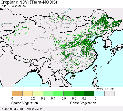 China, Mongolia and Taiwan Cropland NDVI (Terra-MODIS) Thematic Map For 8/13/2021 - 8/20/2021