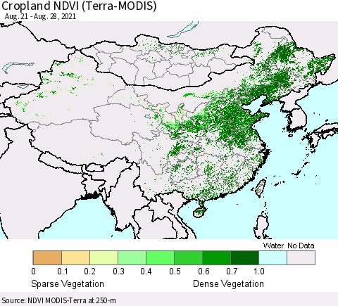 China, Mongolia and Taiwan Cropland NDVI (Terra-MODIS) Thematic Map For 8/21/2021 - 8/28/2021