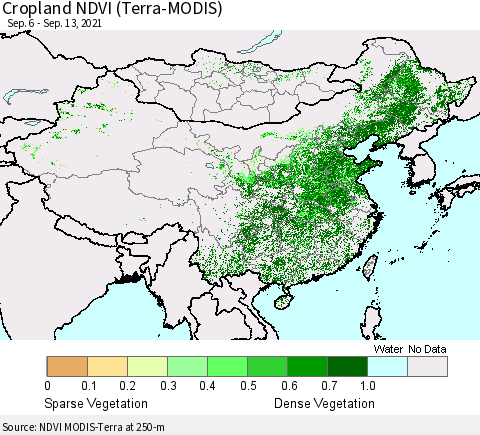 China, Mongolia and Taiwan Cropland NDVI (Terra-MODIS) Thematic Map For 9/6/2021 - 9/13/2021