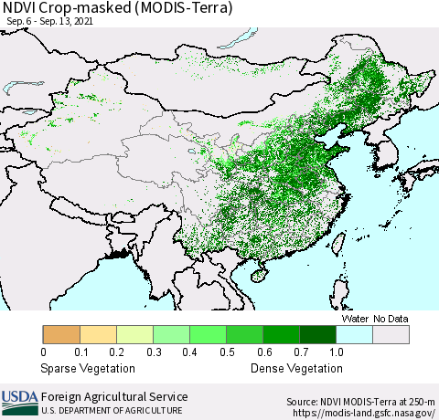 China and Taiwan Cropland NDVI (Terra-MODIS) Thematic Map For 9/11/2021 - 9/20/2021