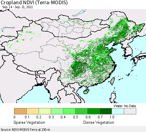 China, Mongolia and Taiwan Cropland NDVI (Terra-MODIS) Thematic Map For 9/14/2021 - 9/21/2021