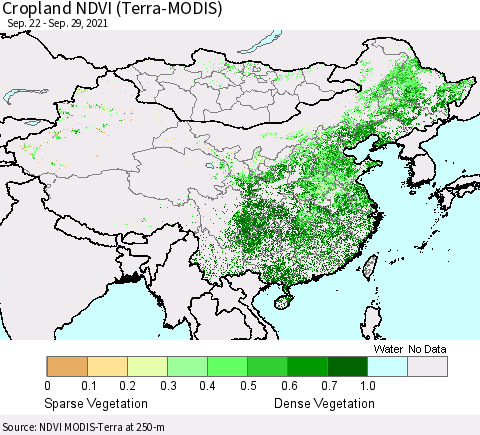 China, Mongolia and Taiwan Cropland NDVI (Terra-MODIS) Thematic Map For 9/22/2021 - 9/29/2021