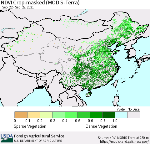 China and Taiwan Cropland NDVI (Terra-MODIS) Thematic Map For 9/21/2021 - 9/30/2021