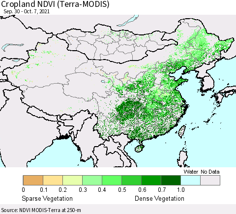 China, Mongolia and Taiwan Cropland NDVI (Terra-MODIS) Thematic Map For 9/30/2021 - 10/7/2021