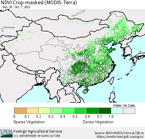 China and Taiwan Cropland NDVI (Terra-MODIS) Thematic Map For 10/1/2021 - 10/10/2021