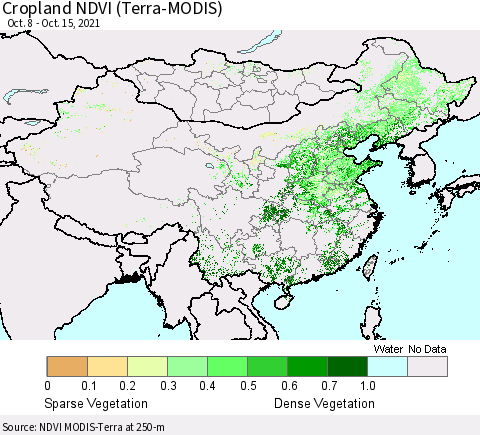China, Mongolia and Taiwan Cropland NDVI (Terra-MODIS) Thematic Map For 10/8/2021 - 10/15/2021