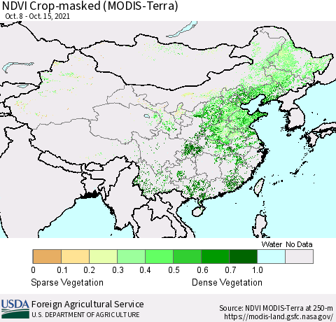 China and Taiwan Cropland NDVI (Terra-MODIS) Thematic Map For 10/11/2021 - 10/20/2021