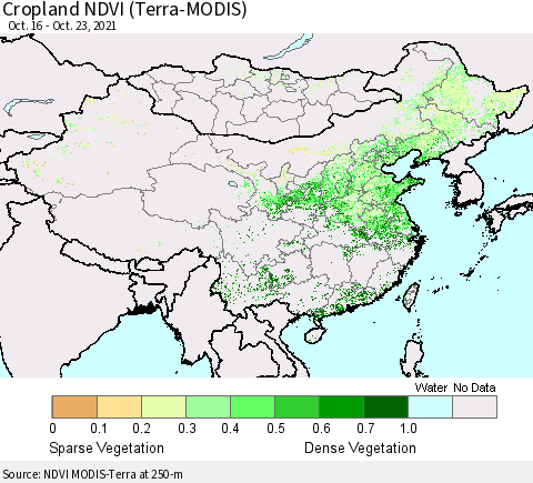 China, Mongolia and Taiwan Cropland NDVI (Terra-MODIS) Thematic Map For 10/16/2021 - 10/23/2021