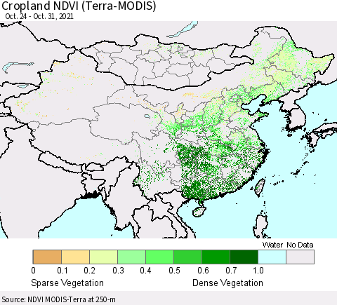China and Taiwan Cropland NDVI (Terra-MODIS) Thematic Map For 10/21/2021 - 10/31/2021