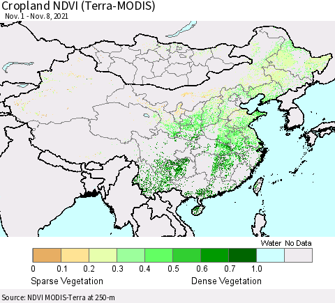 China, Mongolia and Taiwan Cropland NDVI (Terra-MODIS) Thematic Map For 11/1/2021 - 11/8/2021